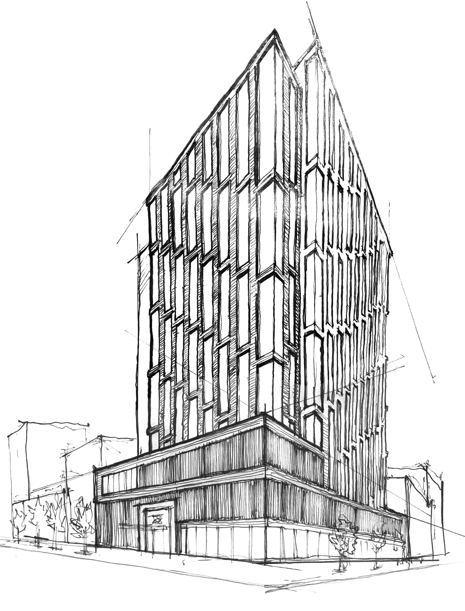 black and white sketch line drawing of building from exterior