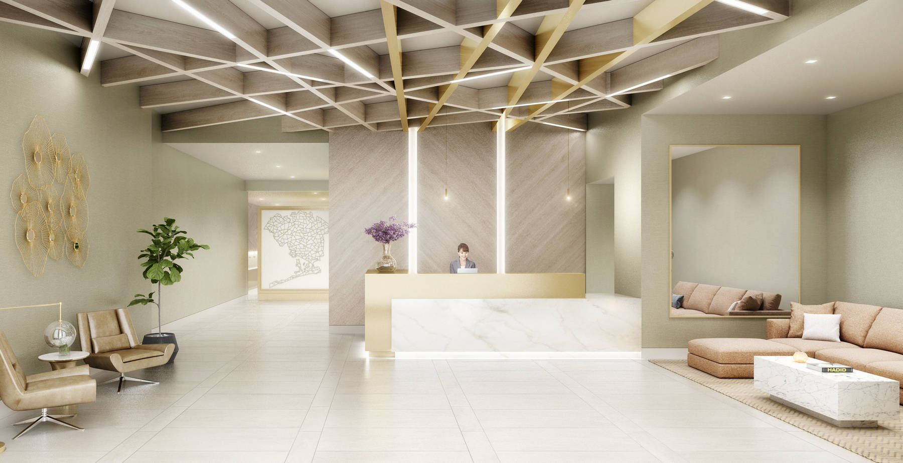 Rendering of large, bright attended lobby